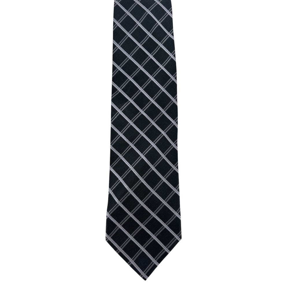 Adolfo Mens Black Silver Plaid 100% Silk Tie Grid Design Professional 58"x4"